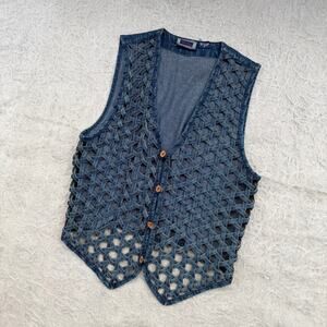 Y2K Woven Denim Open Knit Vest – Size Small